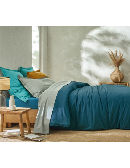 HOUSSE DE COUETTE BLANC DES VOSGES PERCALE BLEU PAON