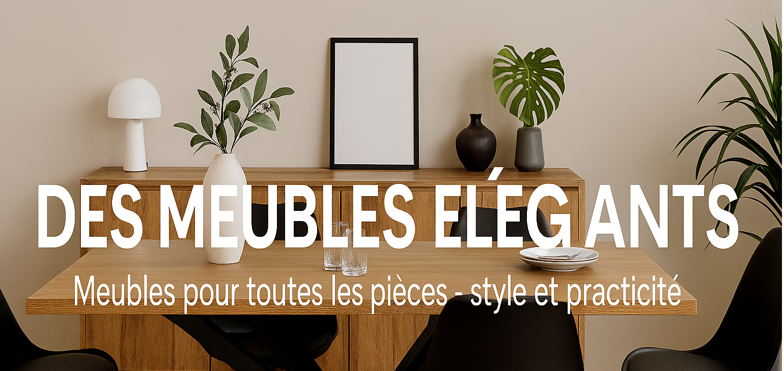 Une belle enfilade de ta bles de chaise et une commode, en bois massif, avec une décoration dans des ton claire, avec le slogan Le confort au salon !