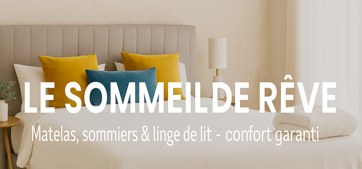 Un beau visuel d'une literie avec une tete de lit rayé verticalement, en coloris beige, avec le slogan Le sommeil de rêve !